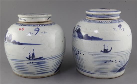 Two Chinese blue and white ovoid jars and covers, 19th century, height 21.5cm and 23.5cm